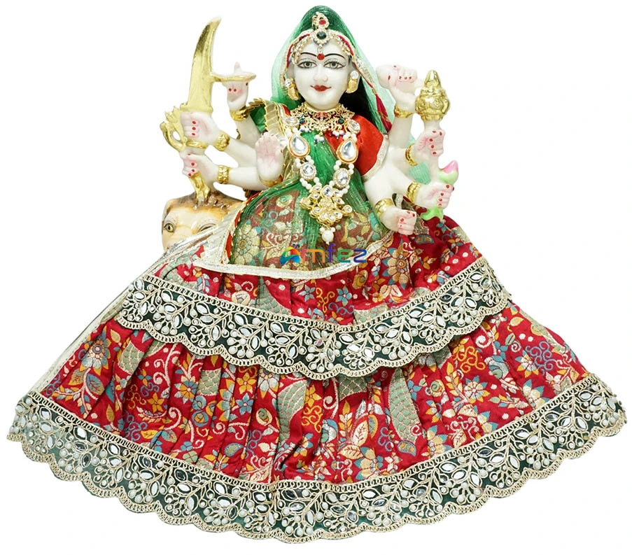 Designer Red Mirror Embroidery Lace Work Durga Ji Dress