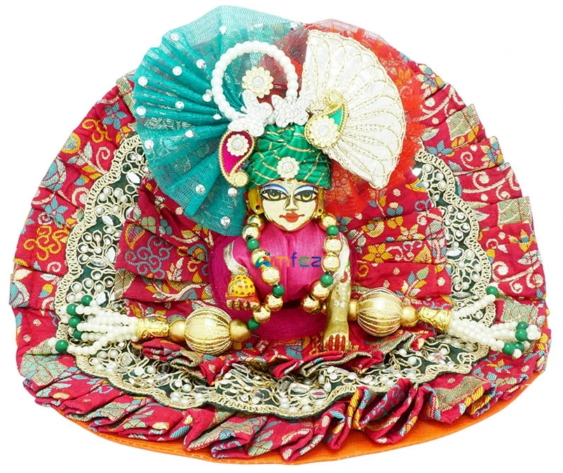 Designer Red Printed Mirror Embroidery Lace Work Laddu Gopal Dress