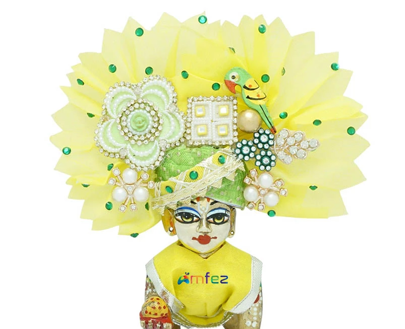 Laddu Gopal Yellow & Green Stone Patch Work Designer Pugdi