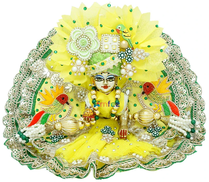 Designer Yellow Green Lace Patch Work Laddu Gopal Dress