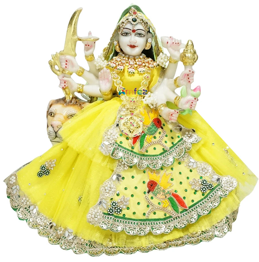 Designer Yellow Green Patch Lace Work Durga Ji Dress
