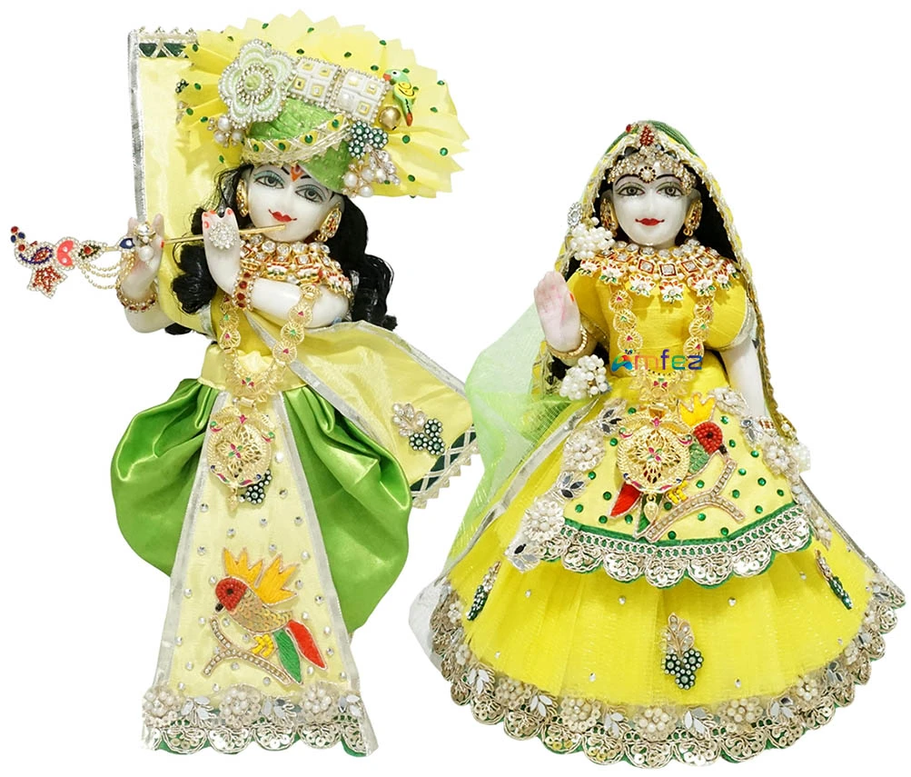 Designer Yellow Green Lace Work  Radha Krishna Dress