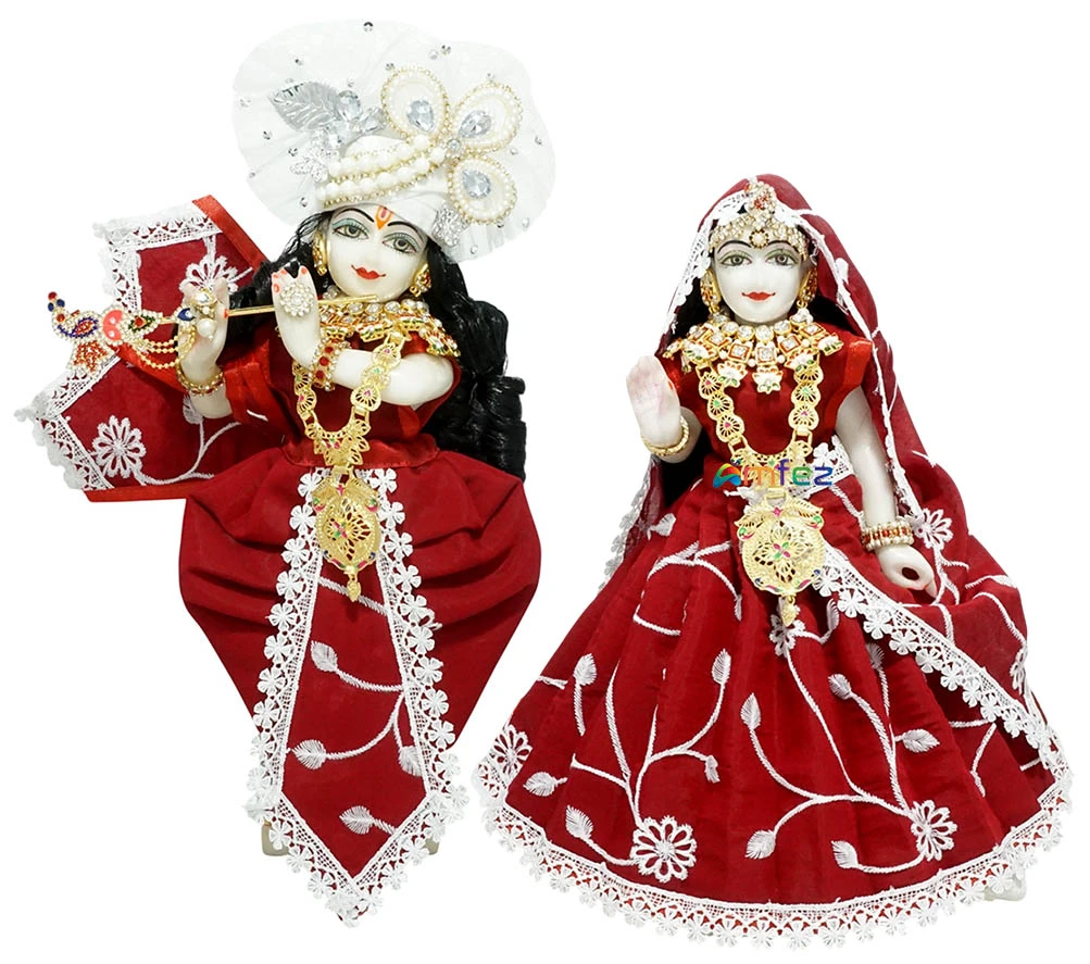 Amfez Red Thread Embroidery Lace Work Radha Krishna Dress