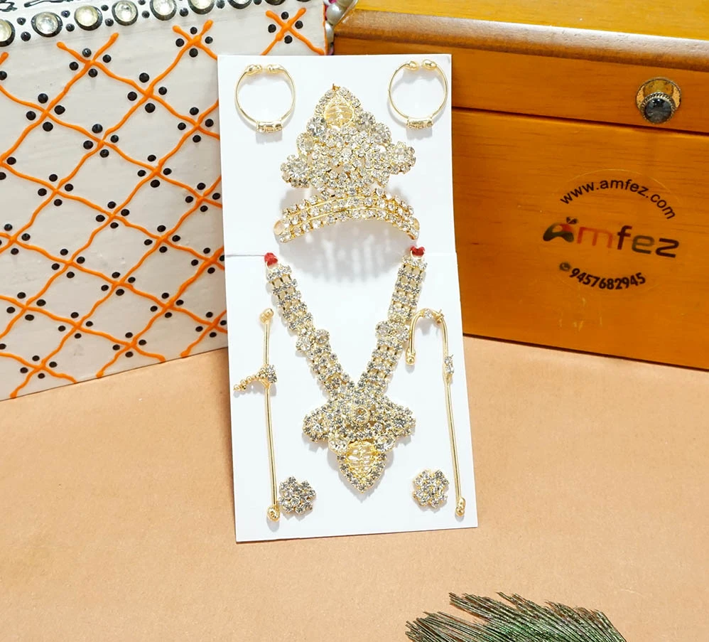 Golden White Stone Work Metal Mukut Mala Full Set ( 4 & 5 No. )