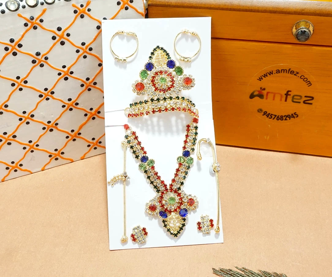 Golden Multi Stone Work Metal Mukut Mala Full Set ( 4 & 5 No. )