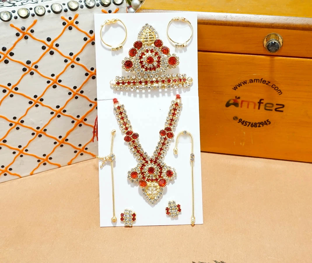 Golden Red Stone Work Metal Mukut Mala Full Set ( 4 & 5 No. )