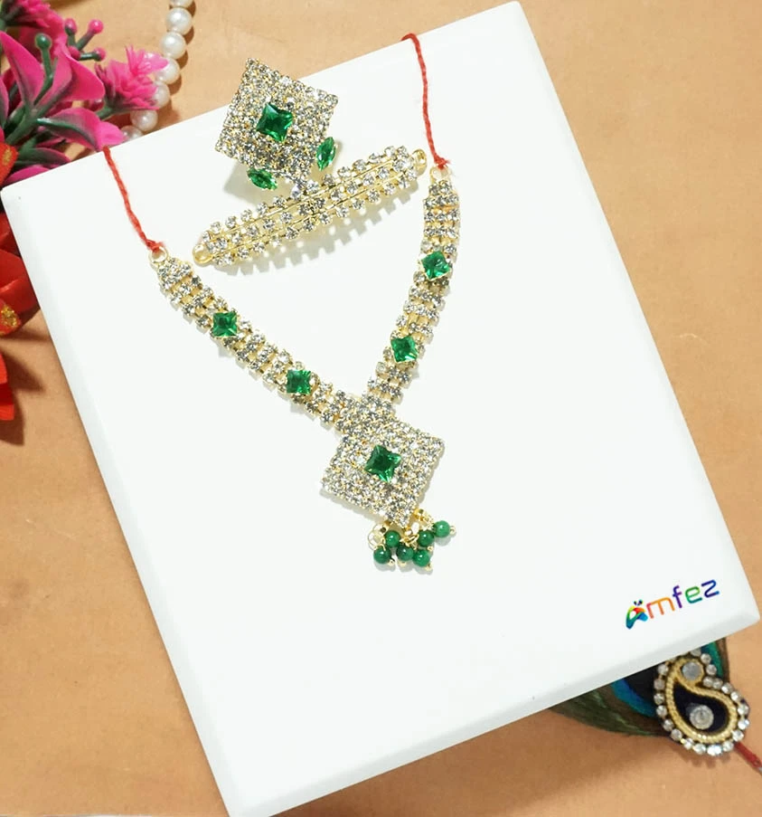 Golden Green Stone Work Metal Mukut Mala Set