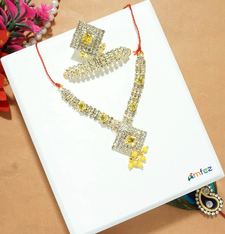 Golden Yellow Stone Work Metal Mukut Mala Set