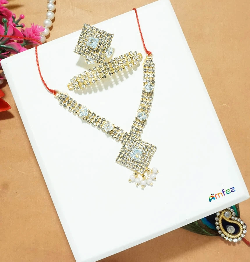 Golden White Stone Work Metal Mukut Mala Set