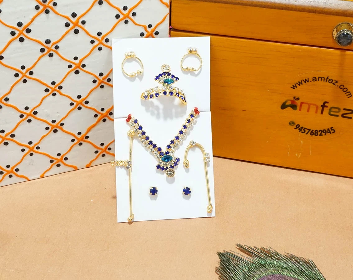 Golden Blue Stone Work Metal Mukut Mala Full Set ( 1 & 2 No. )