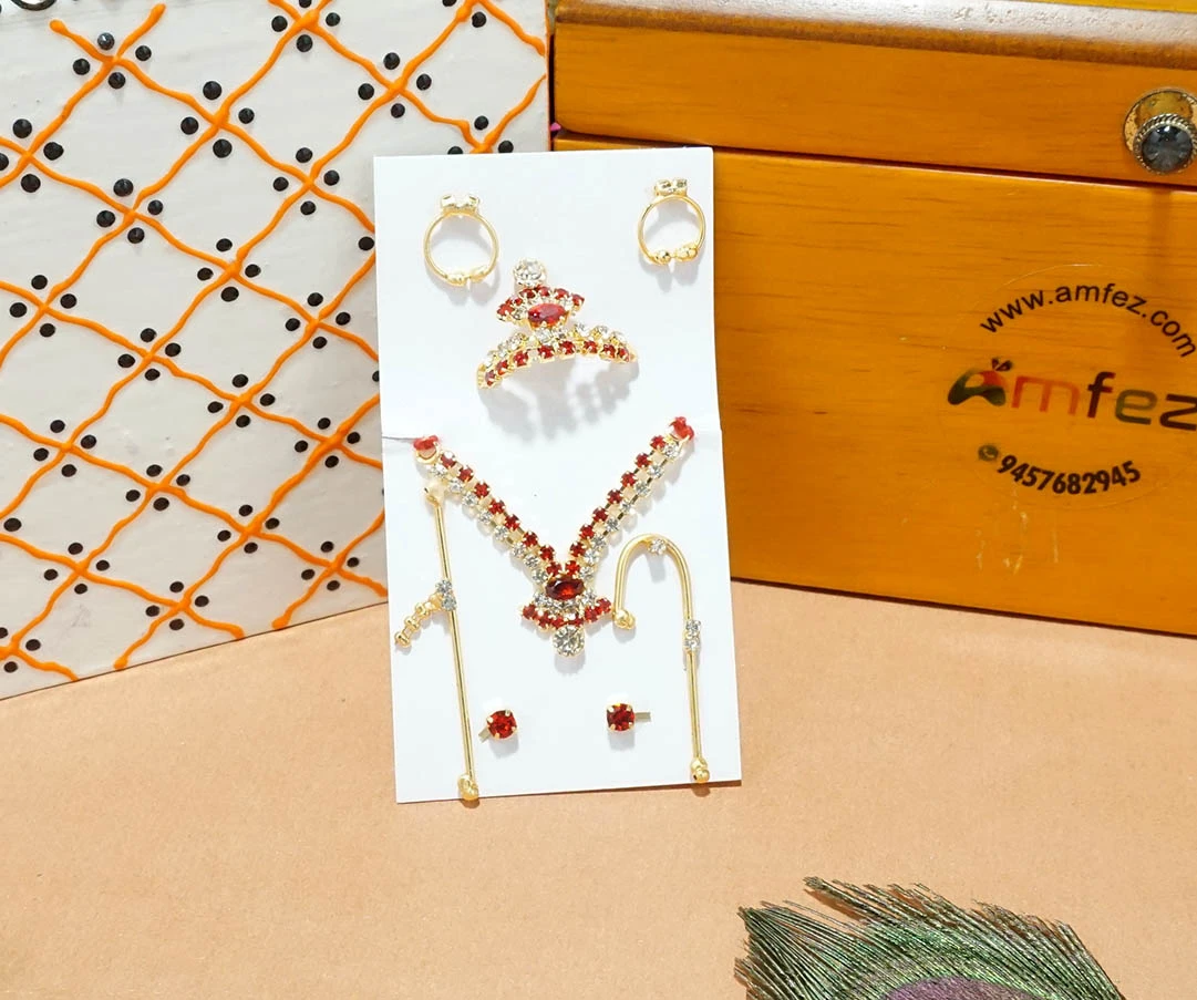 Golden Red Stone Work Metal Mukut Mala Full Set ( 1 & 2 No. )