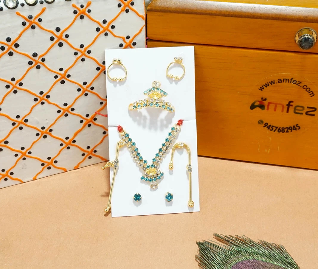 Golden Sky Blue Stone Work Metal Mukut Mala Full Set ( 1 & 2 No. )