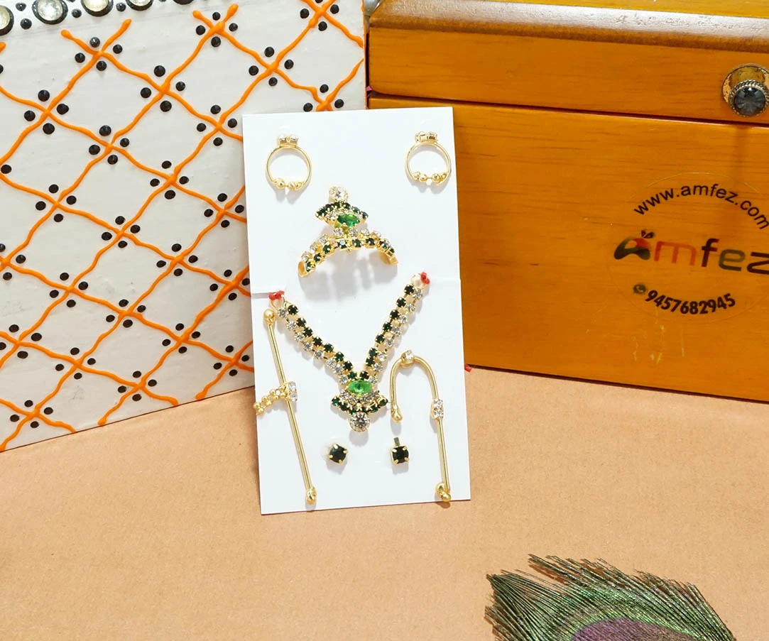 Golden Green Stone Work Metal Mukut Mala Full Set ( 1 & 2 No. )