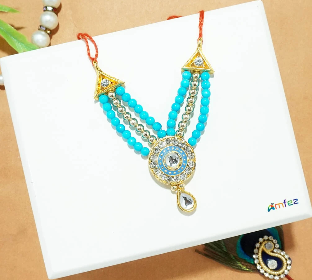 Sky Blue Stone Pearl Beads Work Necklace (3 Inch )