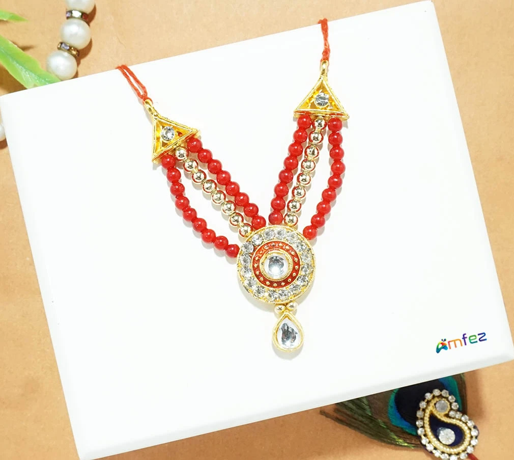Red Stone Pearl Beads Work Necklace (3 Inch )