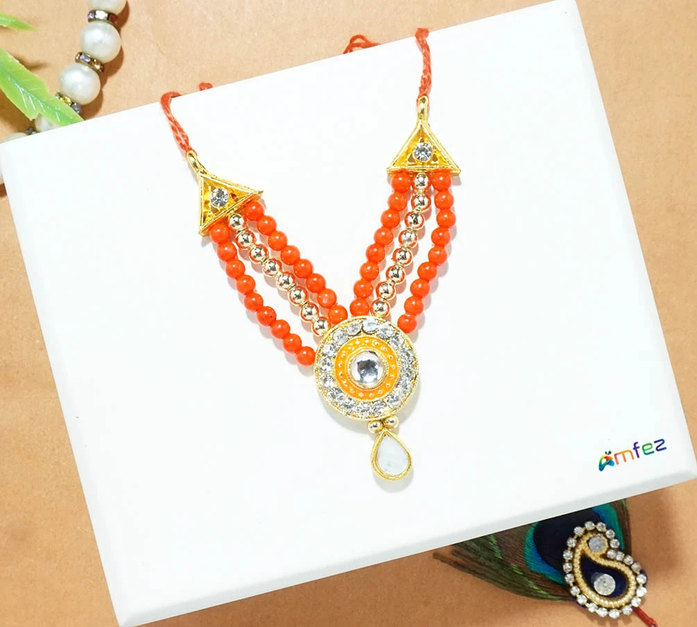Orange Stone Pearl Beads Work Necklace (3 Inch )