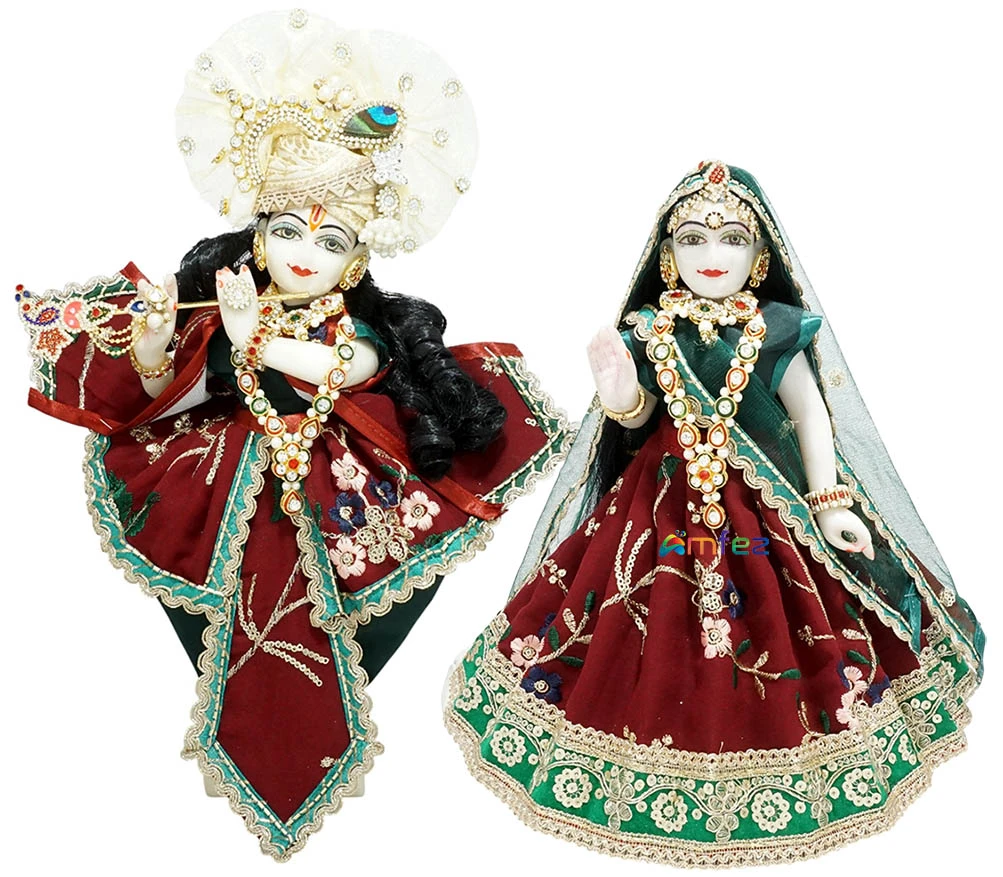 Amfez Maroon & Green Sitara Embroidery Lace Work Radha Krishna Dress
