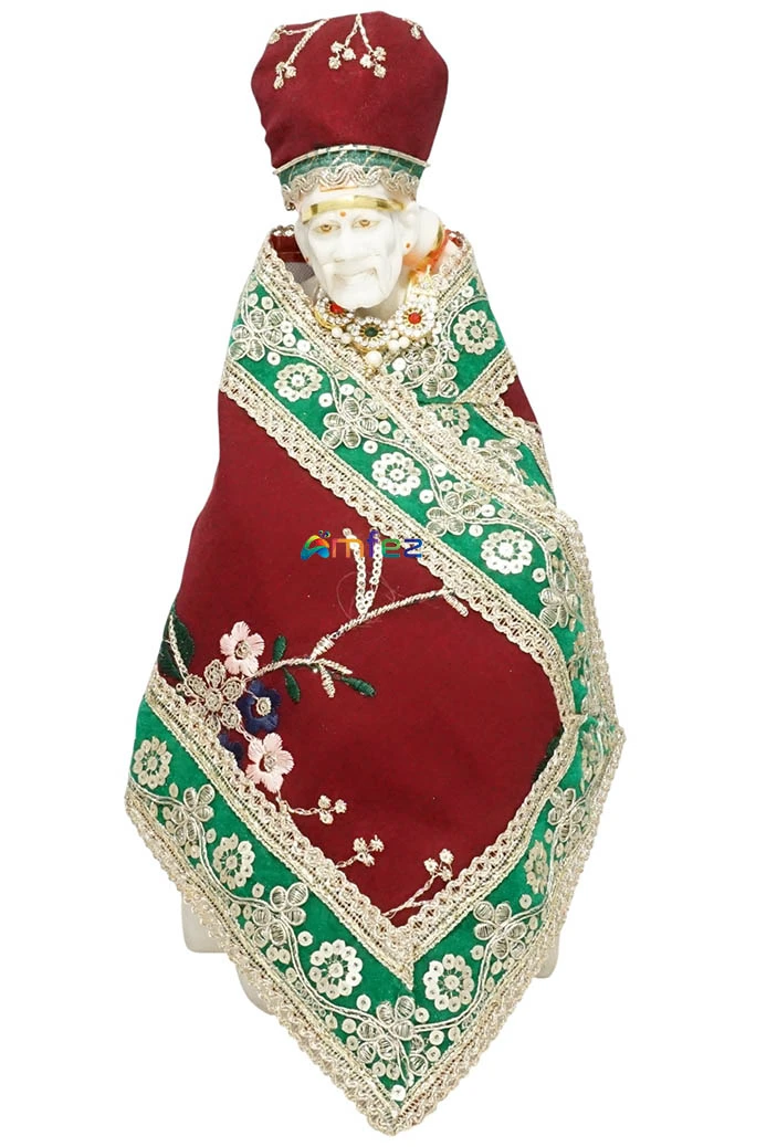 Amfez Maroon & Green Sitara Embroidery Lace Work Sai Baba Dress