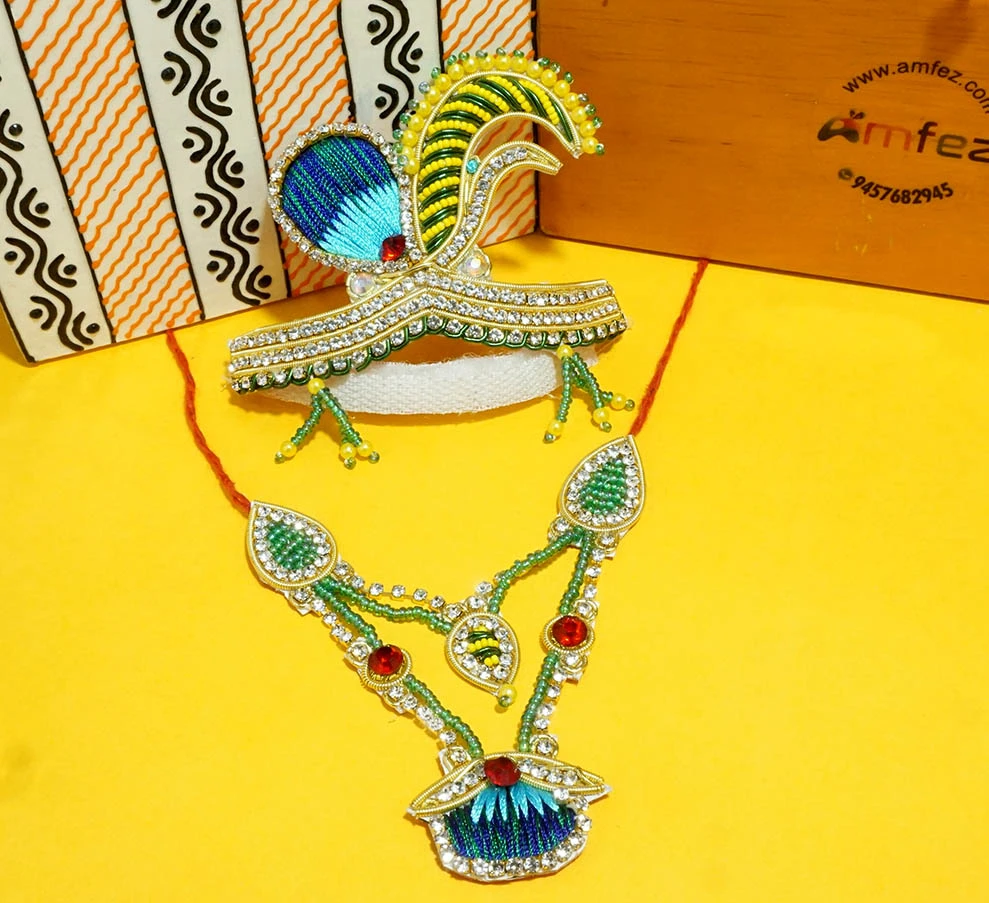 Green Peacock Handwork Zari Work Mukut Mala Set