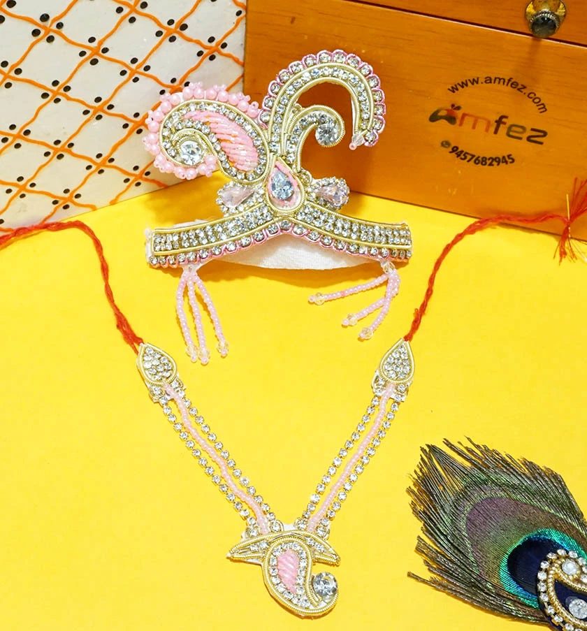 Elegant Baby Pink Handwork Zarozi Mukut Mala Set