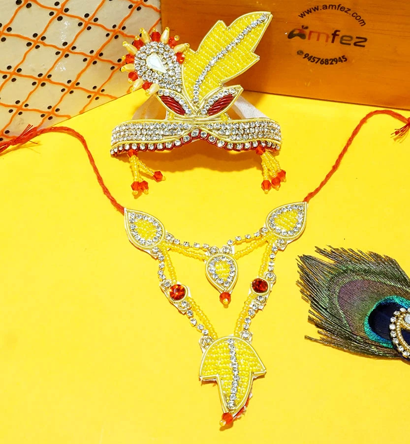 Red & Yellow Handwork Zardozi Mukut Mala Set