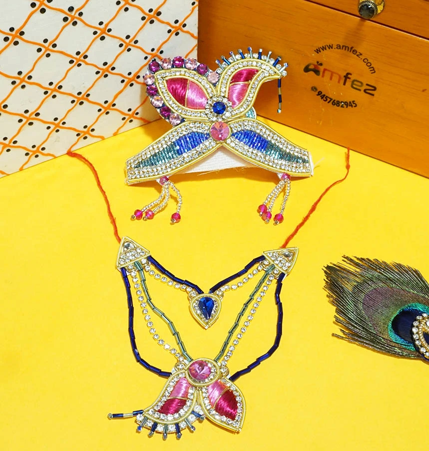 Pink & Blue Handwork Zardozi Mukut Mala Set