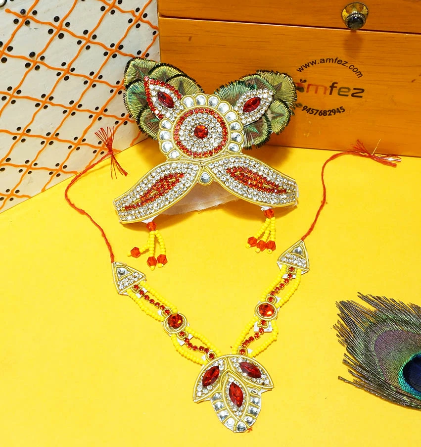 Red Peacock Feather Zardozi Mukut Mala Set