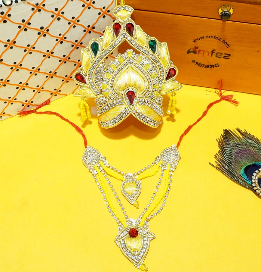 Yellow Multi Stone Work Zardozi Mukut Mala Set