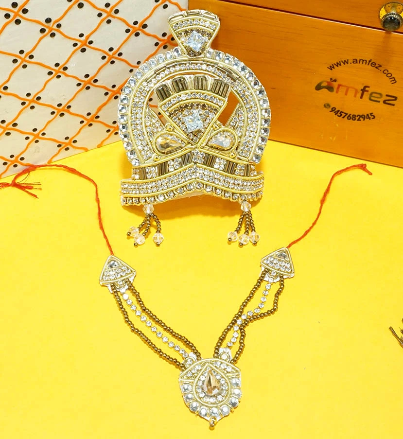 Elegant Golden Zardozi Tej Mukut Mala Set