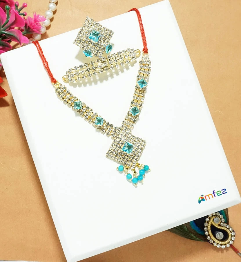 Golden Skyblue Stone Metal Mukut Mala Set