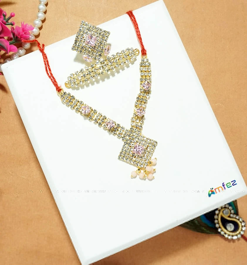 Golden Pink Stone Metal Mukut Mala Set