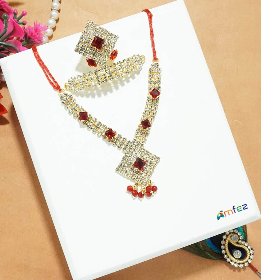 Golden Red Stone Metal Mukut Mala Set