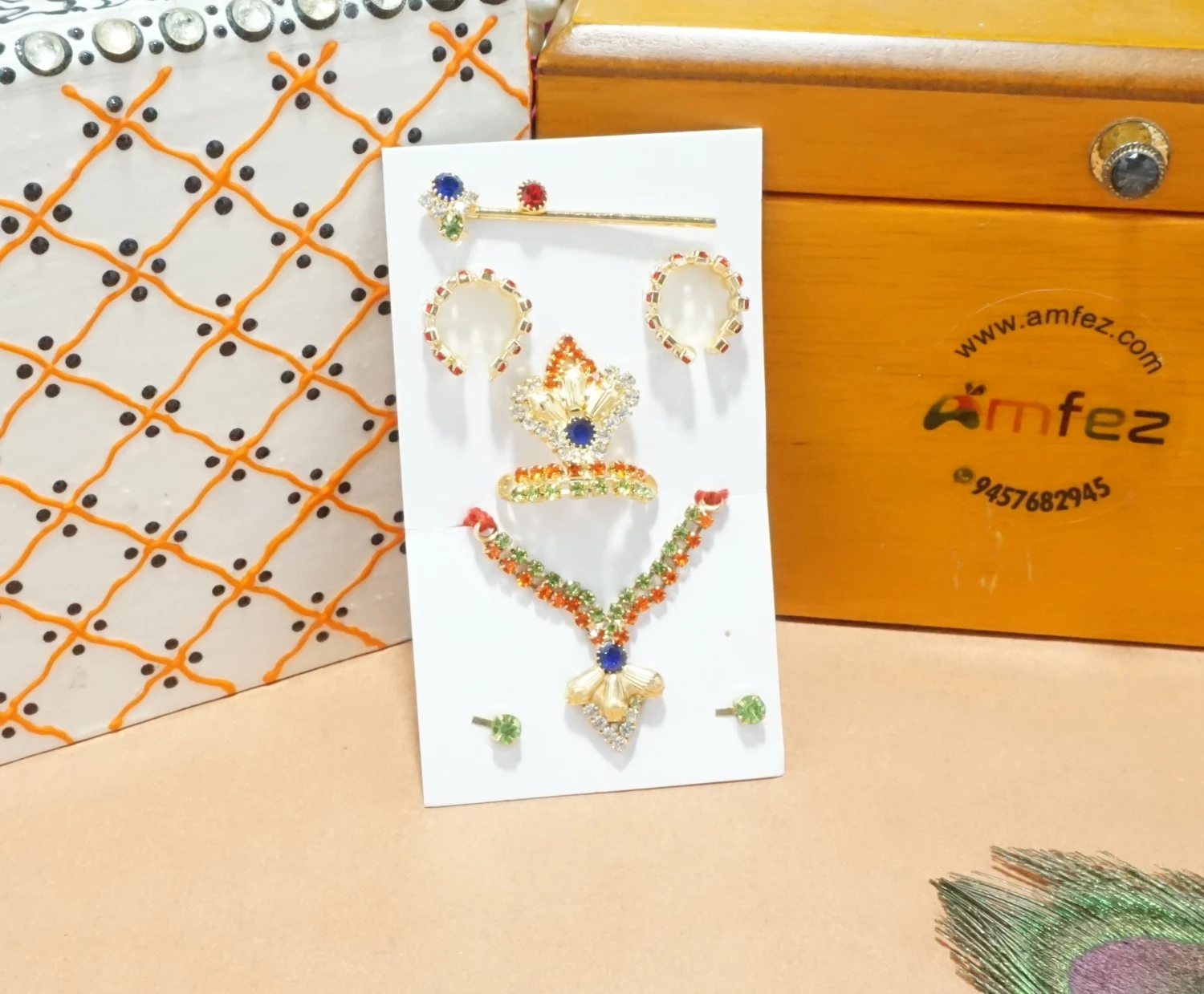 A Pack of Multi Stone Work Mukut Mala Set With Flute, Earrings & Bracelets