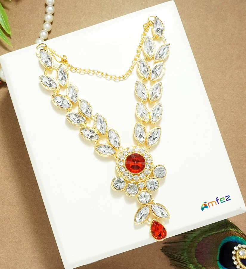 Beautiful Red & White Heavy Kundan Stone Necklace/Mala (5 Inch )
