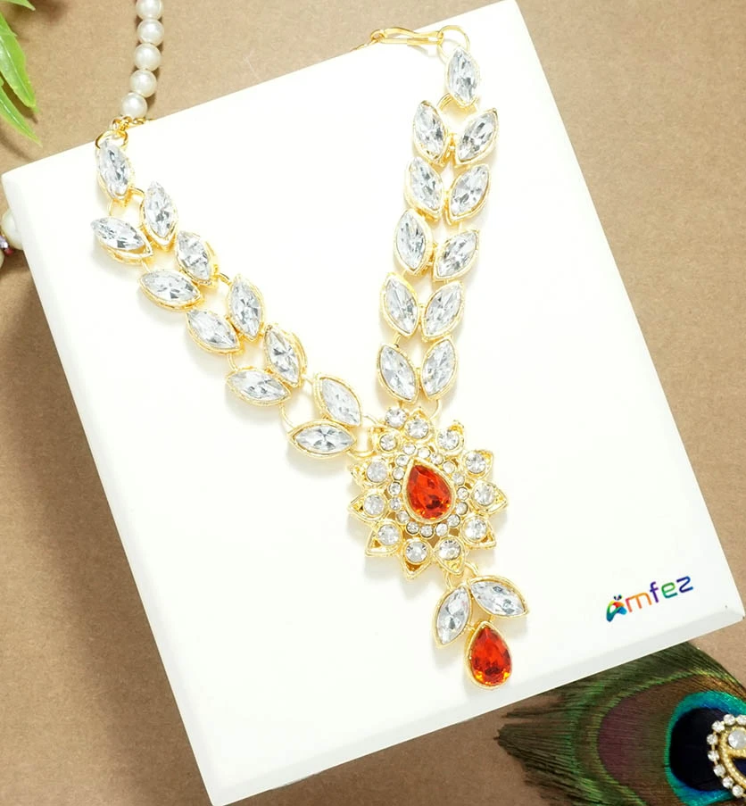 Beautiful Red & White Heavy Kundan Stone Necklace/Mala (5 Inch )