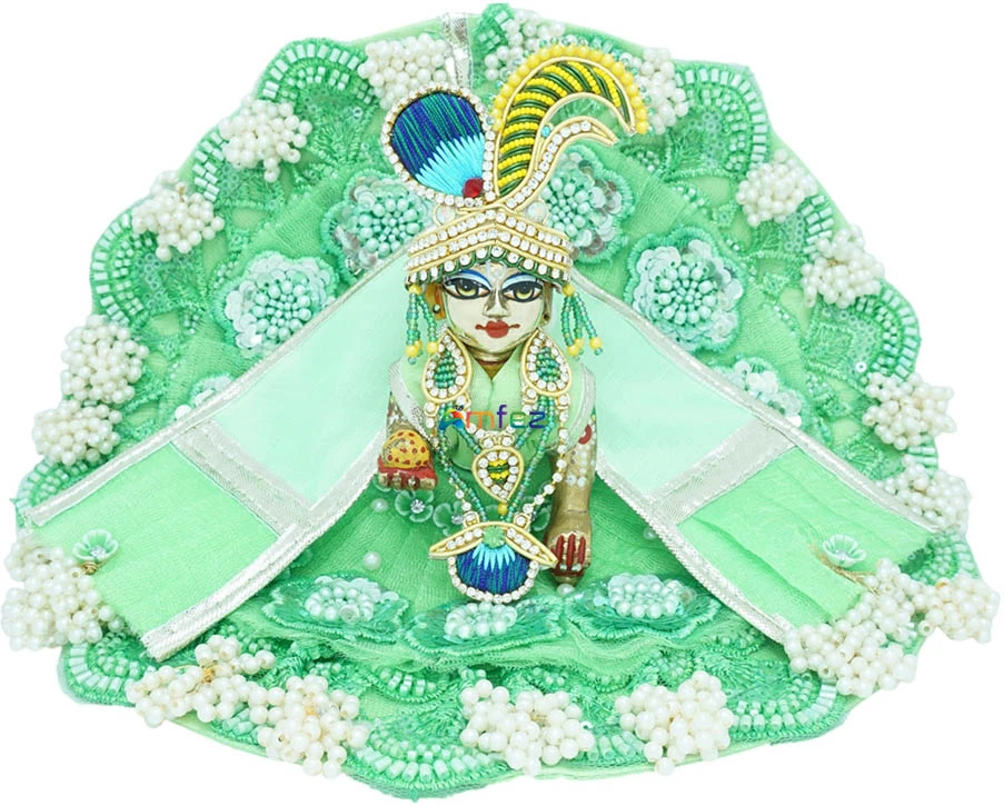 Designer Green Chickenkari Pearl Beads Lace Laddu Gopal Dress
