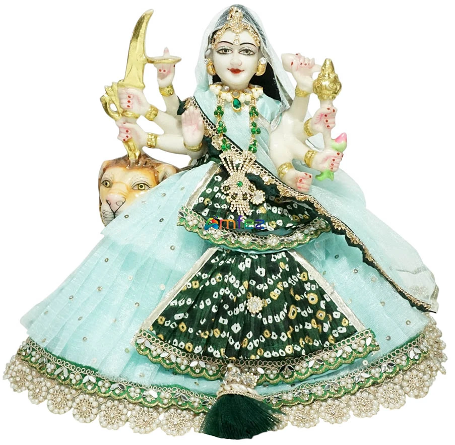 Designer Sea Green Bandhej Embroidery Lace Work Durga Ji Dress