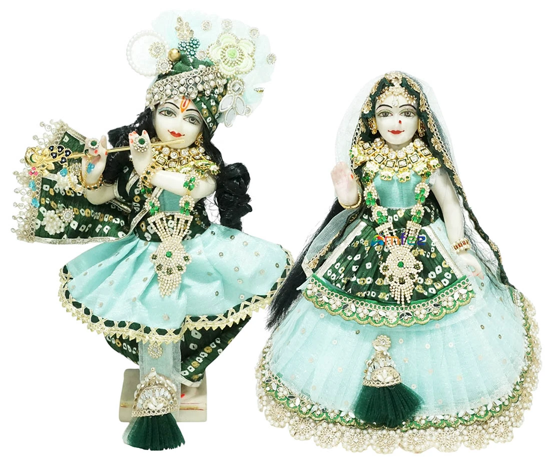 Designer Sea Green Bandhej Embroidery Lace Work Radha Krishna Dress