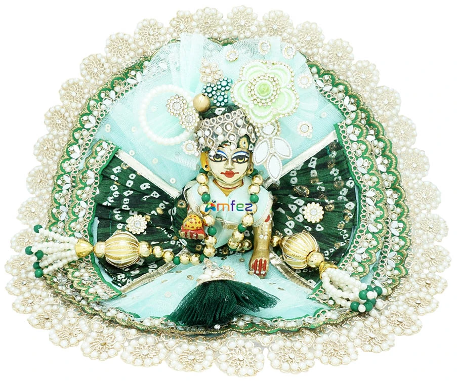 Designer Sea Green Bandhej Pearl Embroidery Lace Work Laddu Gopal Dress