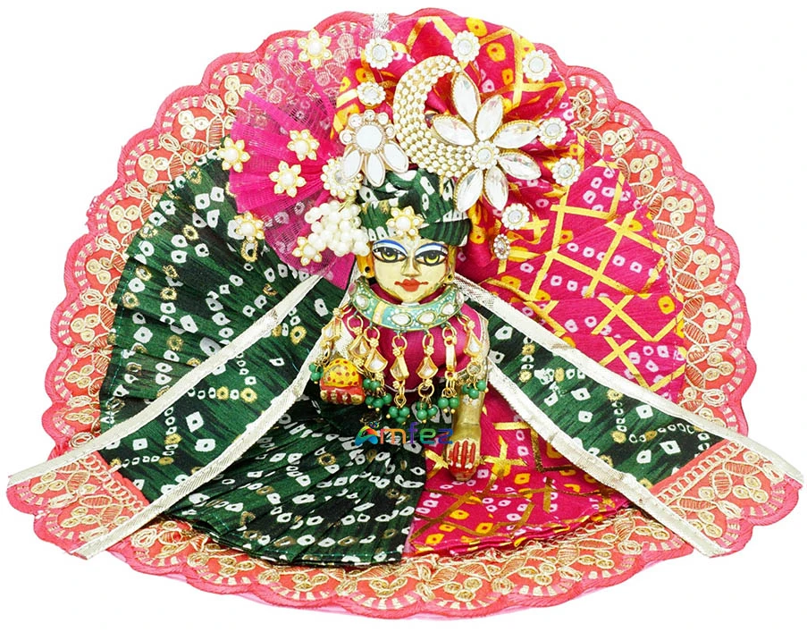 Designer Rani Green Bandhej Lace Work Laddu Gopal Dress