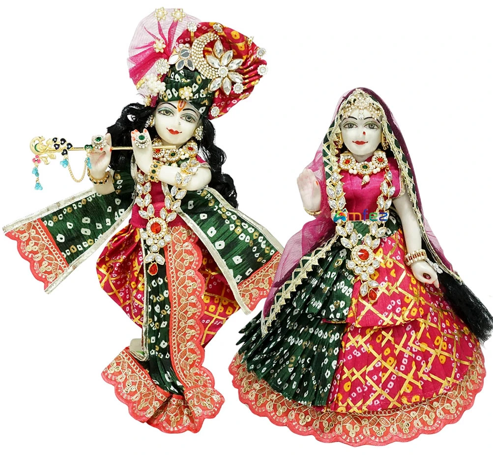 Designer Rani & Green Bandhej Lace Work Radha Krishna Dress
