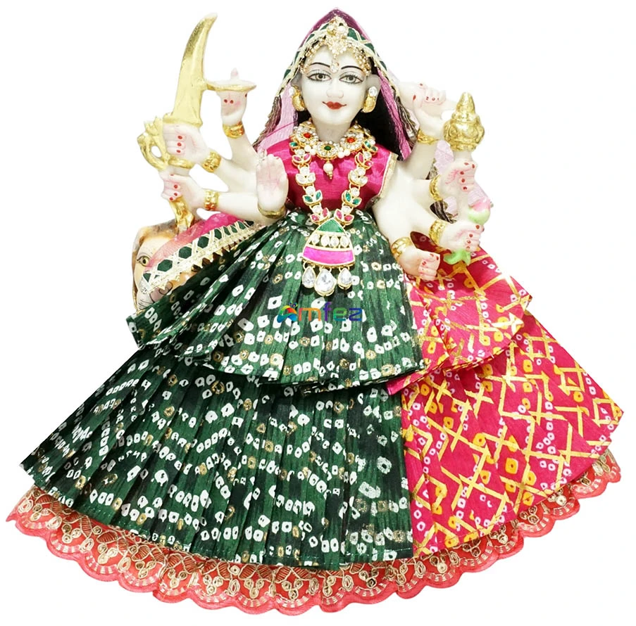 Designer Rani Green Bandhej Lace Work Durga Ji Dress