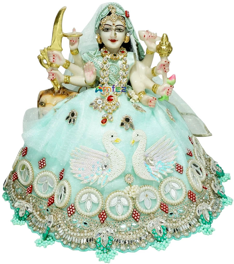 Designer Sea Green Heavy Stone Pearl Lace Work Durga Ji Dress