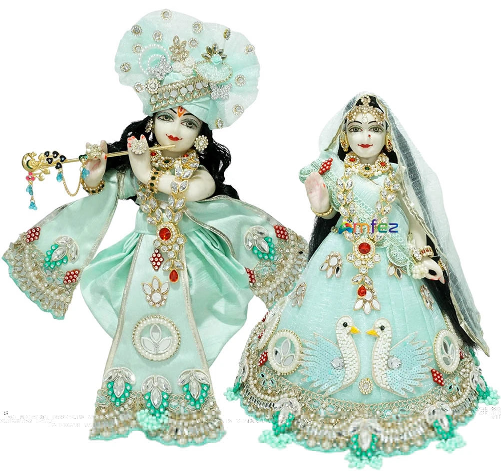 Designer Sea Green Heavy Stone Pearl Lace Work Radha Krishna Dress