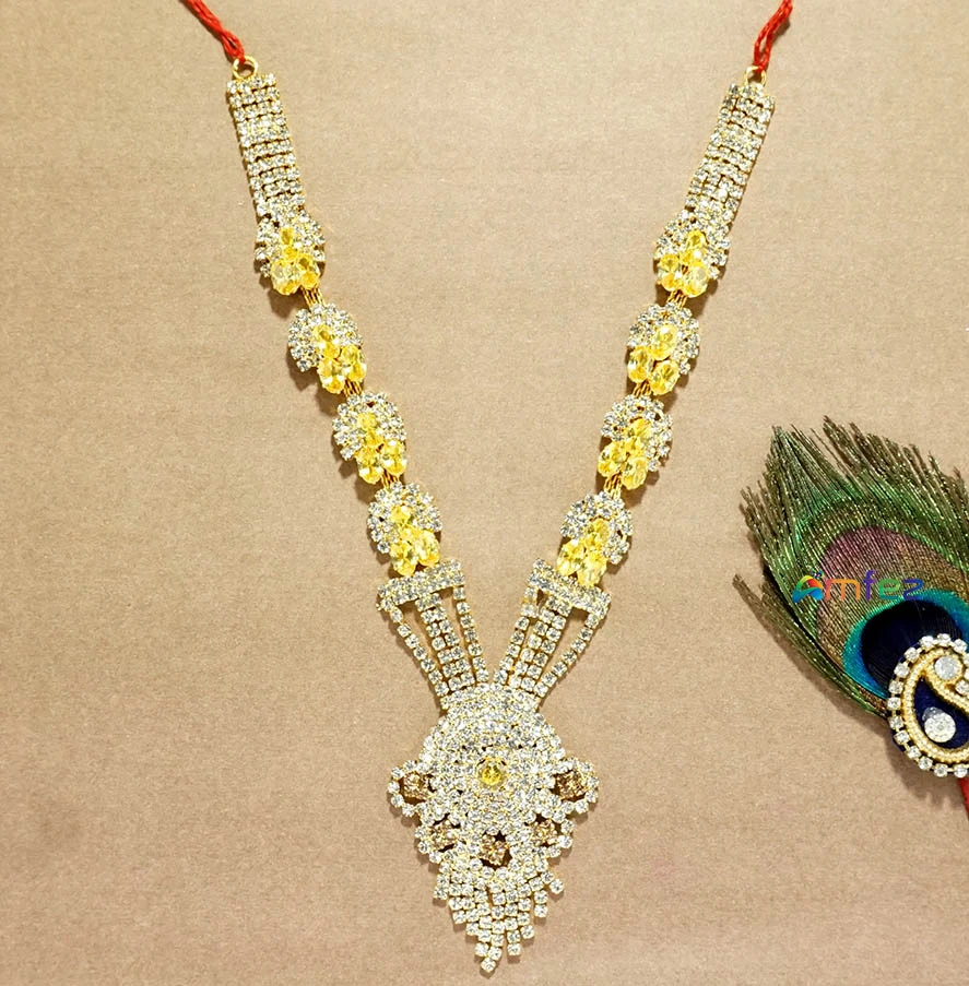 Elegant Golden Yellow Heavy Stone Work Long Necklace / Mala (5 & 6 Inch )