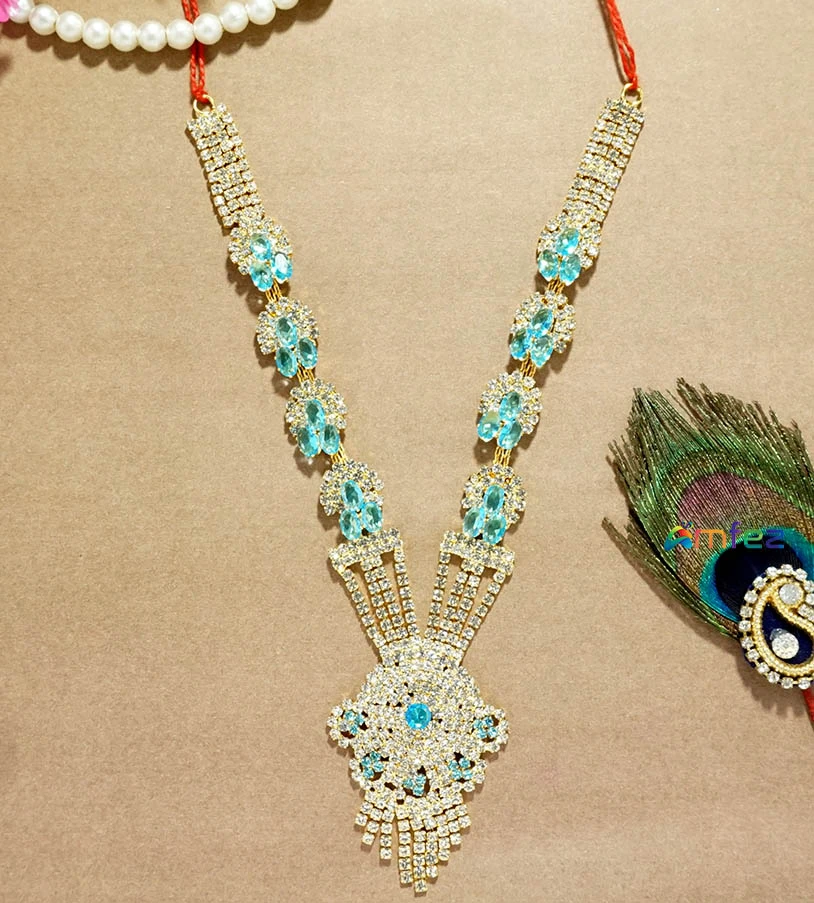 Elegant Golden SkyBlue Heavy Stone Work Long Necklace / Mala (5 & 6 Inch )