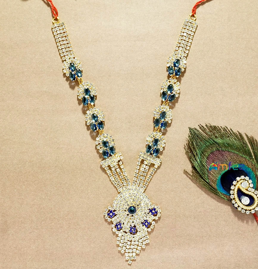 Elegant Golden Blue Heavy Stone Work Long Necklace / Mala (5 & 6 Inch )