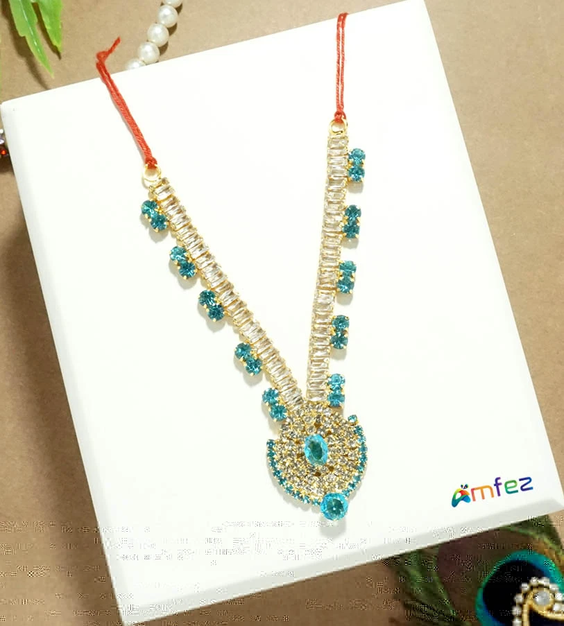 Golden SkyBlue Stone Work Necklace / Mala (3 & 4 Inch )