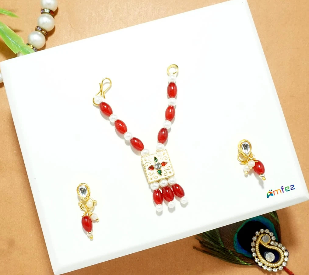 Red Stone Pearl Meena Work Necklace With Earrings (3 Inch )