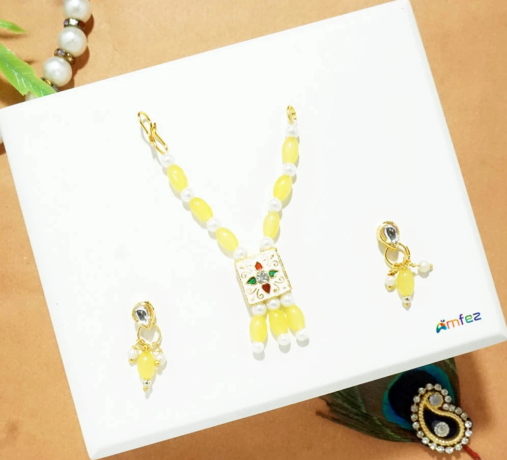 Yellow Stone Pearl Meena Work Necklace With Earrings (3 Inch )